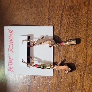Authentic Betsy Johnson lipstick heels earrings Rhinestone Heart accents